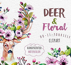 17张高清背景透明的北欧风鹿/花卉PNG图片：Deer, skull & floral
